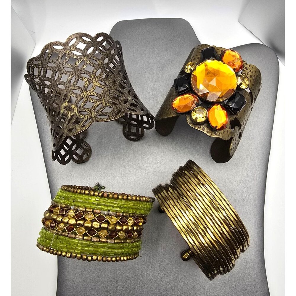 Lot of 4 Statement Cuff Bracelets Brass Glass Beads Openwork & Crystal Designs